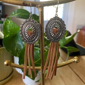 Western Concho Silver Metal Medallion Earrings With Tan Brown Tassle Fringe